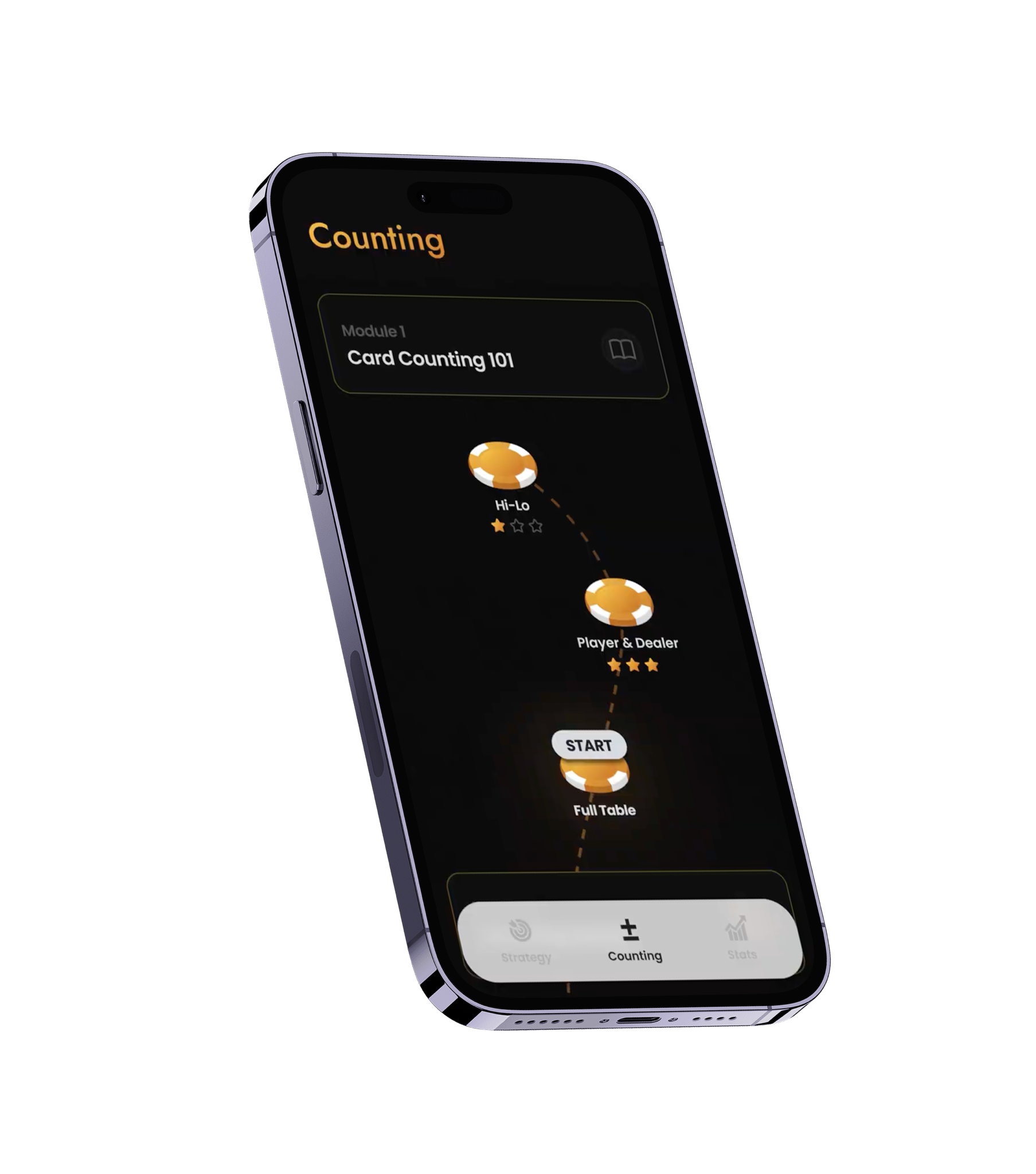 Blackjack Trainer app showing card counting training modules